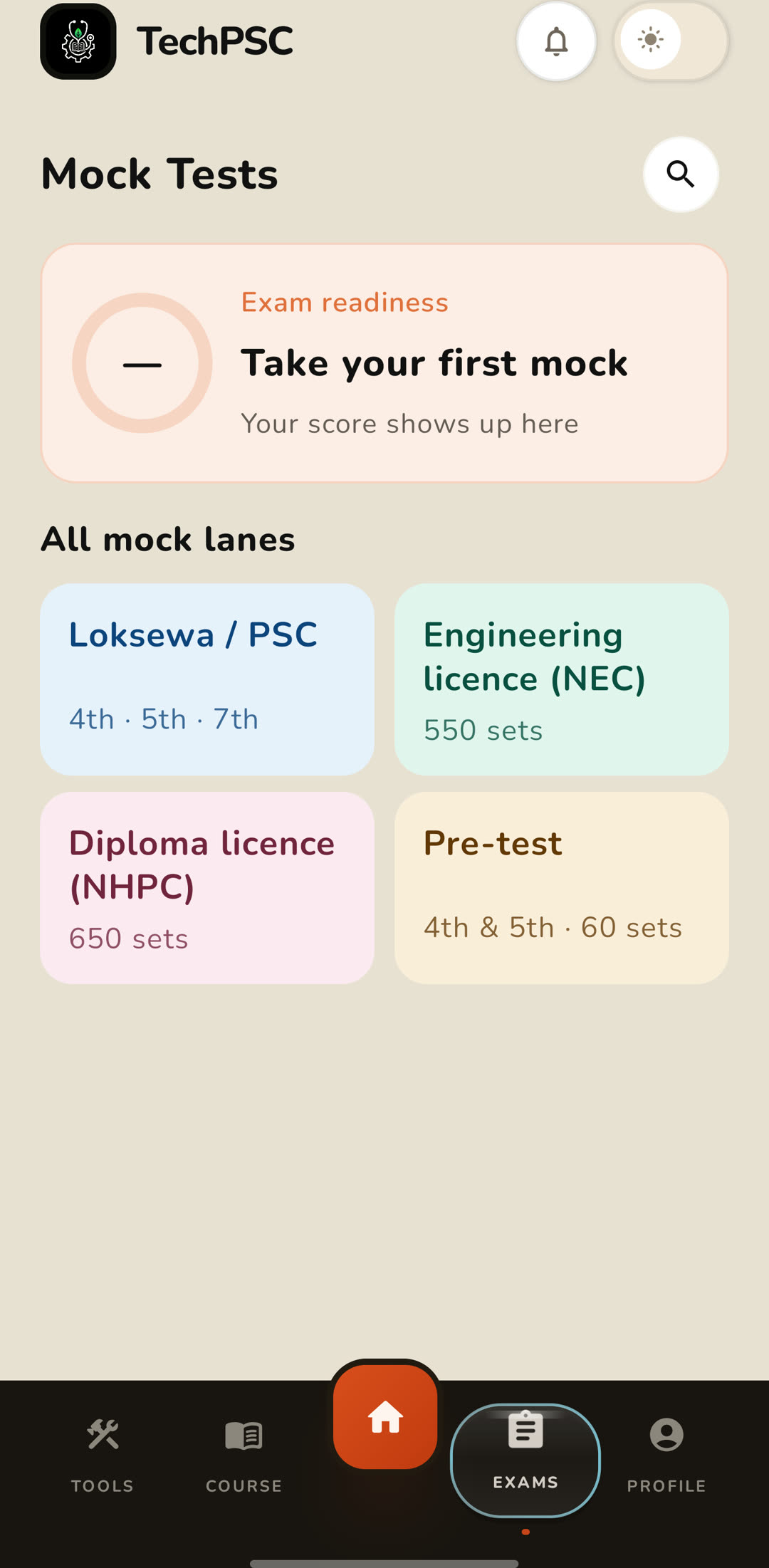 TechPSC mock test lanes screen
